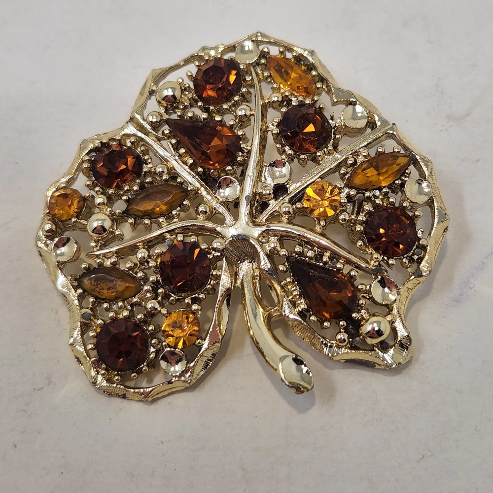 Gold Tone Leaf Amber Tone Rhinestones Brooch Pin Plant Botanical Fall Open Work